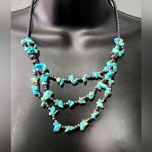 Turquoise Jewelry - Turquoise Hematite Black Beaded 3 Layet Necklace Southwestern Jewelry